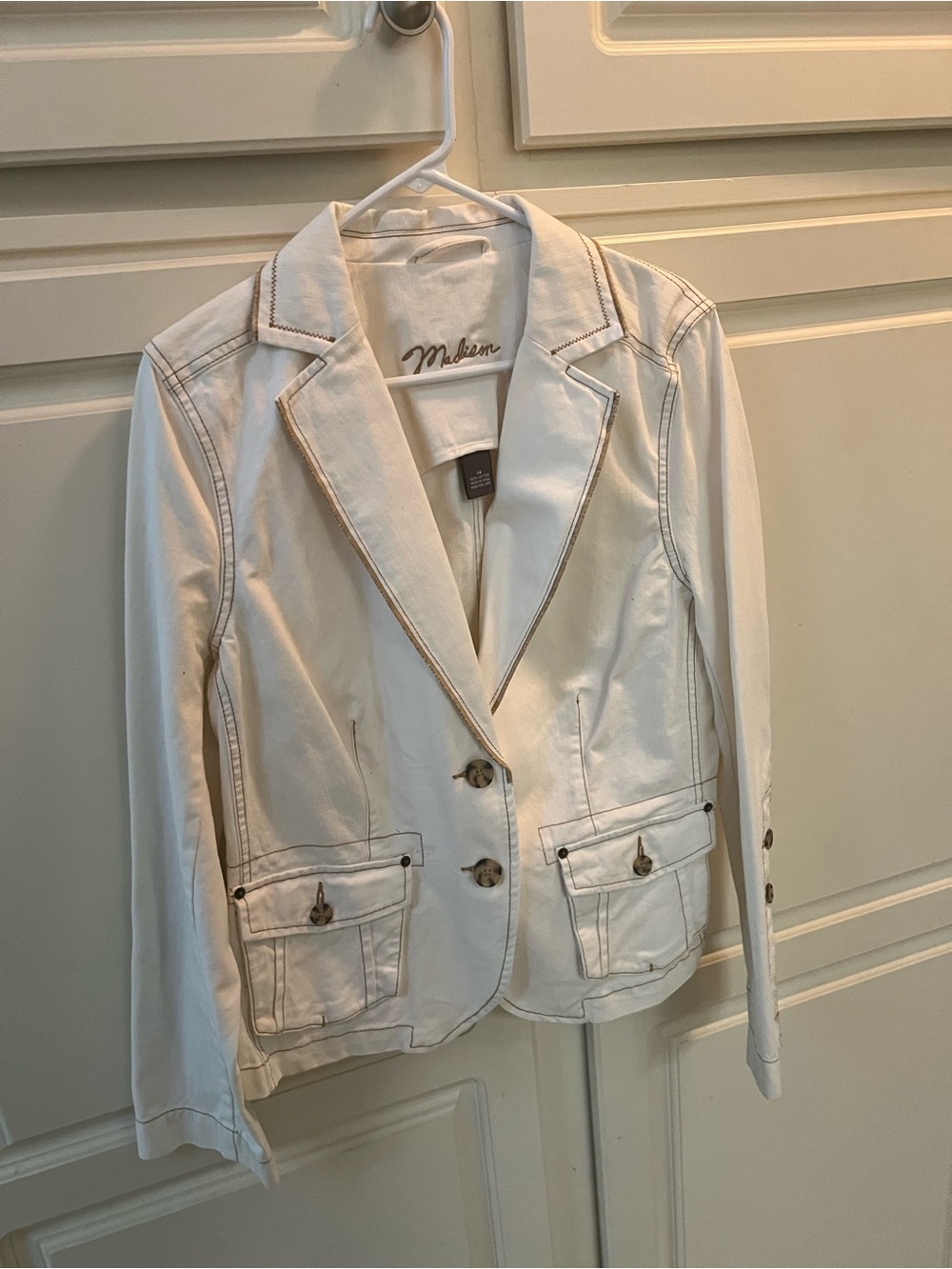 Madison White Cotton Blazer with Contrast Stitching